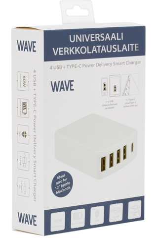 Wave verkkolaturi, 4 x usb + usb type c pd (30 + 30w Wave verkkolaturi, 4 x usb + usb type c pd (30 + 30w